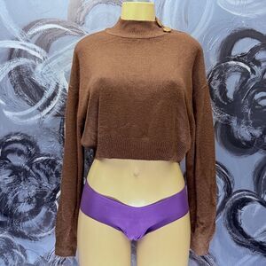 H&M Divided Sweater S Chocolate Brown Mock Neck Shoulder Button Cropped